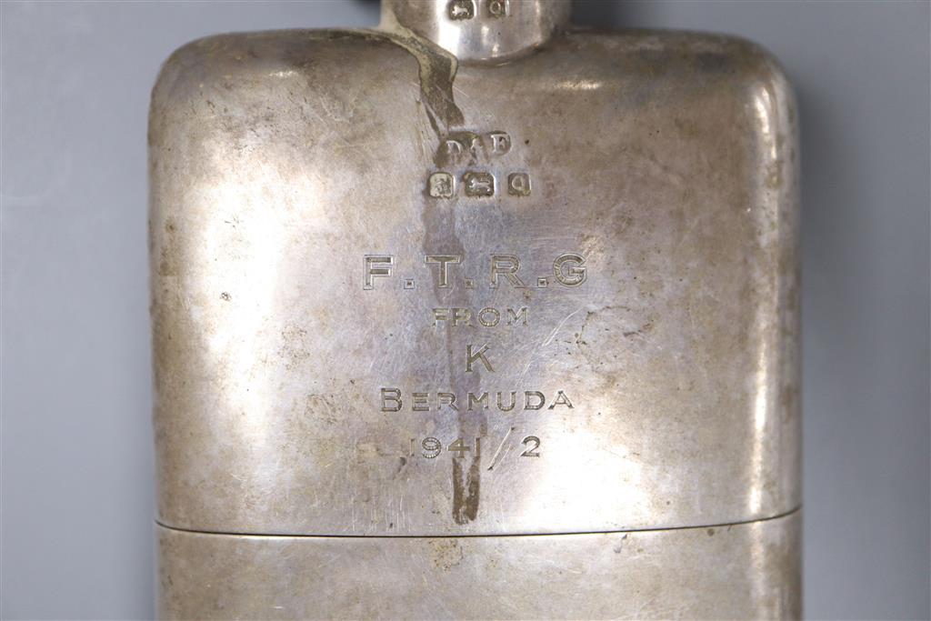 A George V silver hip flask, with engraved inscription, Deakin & Francis, Birmingham, 1940, 12.5cm, gross 6oz.